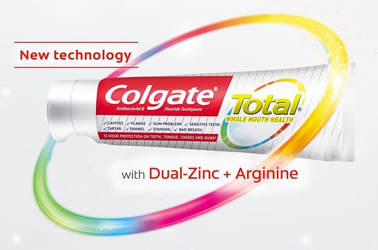 Whole Mouth Health: Significant reductions in plaque (30.1%) and gingivitis (26.3%) have also been demonstrated at 6 months versus a non-antibacterial fluoride toothpaste. In addition to excellent plaque and gingivitis control, New Colgate Total® with Dual-Zinc + Arginine delivers comprehensive benefits for the whole mouth, including tartar and dentin hypersensitivity control, whitening/stain removal, fresh breath, cavity and enamel protection